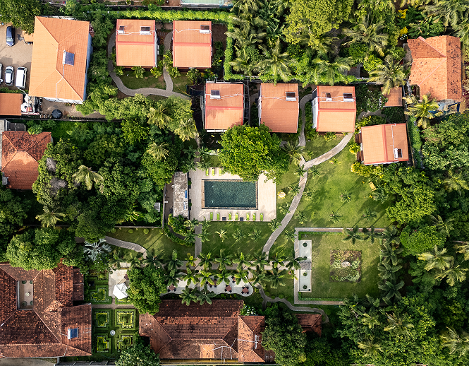 Aerial view of resort bungalows in tropical gardens at Fox Jaffna