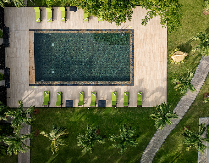 Aerial view of pool and lush gardens at Fox Jaffna boutique hotel