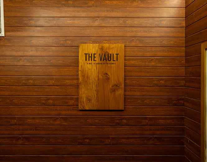 Wooden sign of The Vault underground bunker museum at Fox Jaffna hotel